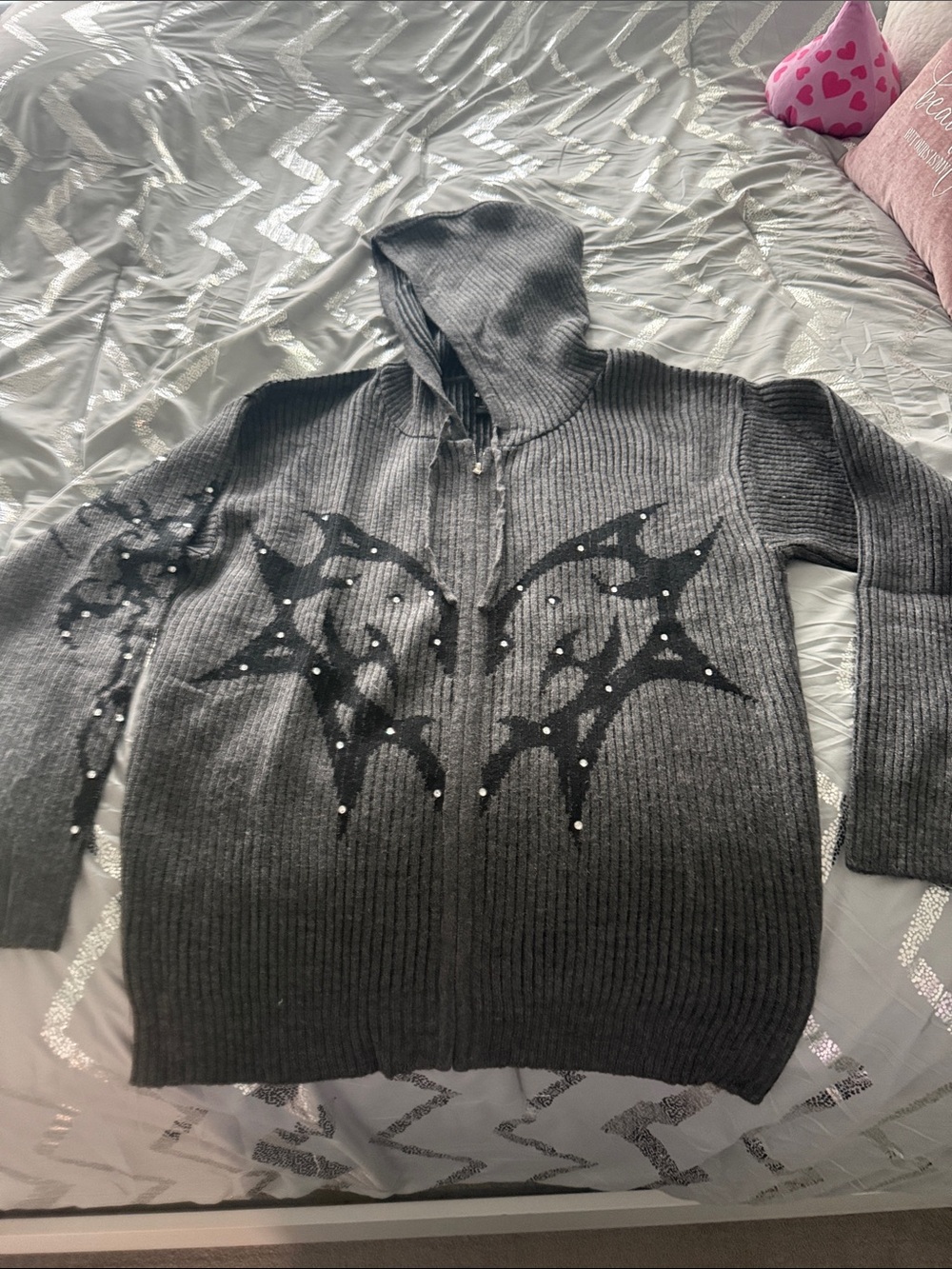 Hot Topic Charcoal Gray Hooded Zip-Up Sweater with Black Studded Tribal Graphic